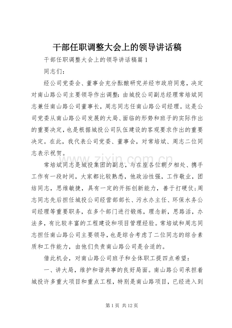 干部任职调整大会上的领导讲话稿.docx_第1页