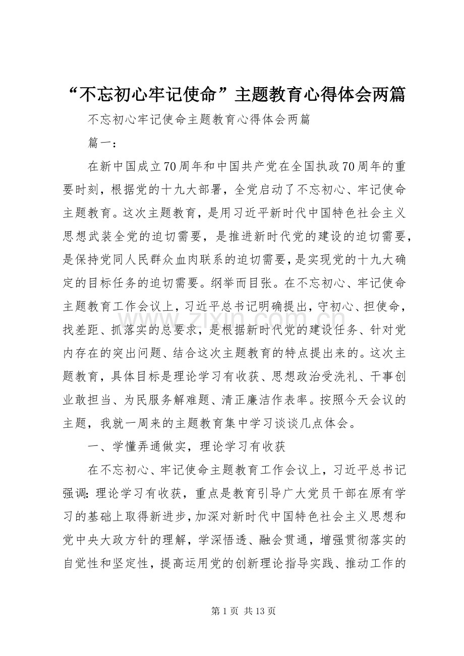 “不忘初心牢记使命”主题教育心得体会两篇.docx_第1页