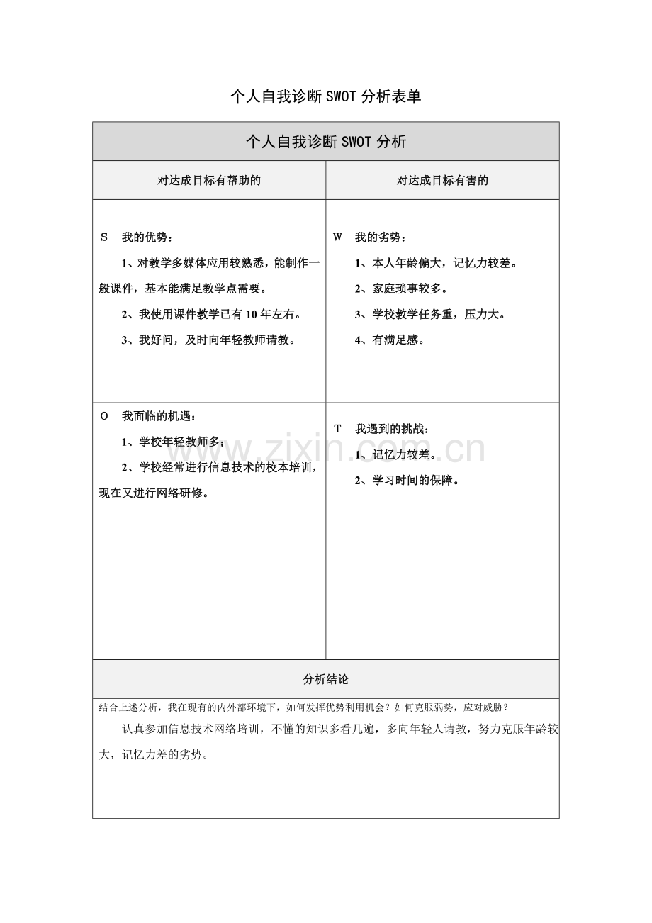 肖礼祥：个人自我诊断SWOT分析表.doc_第1页