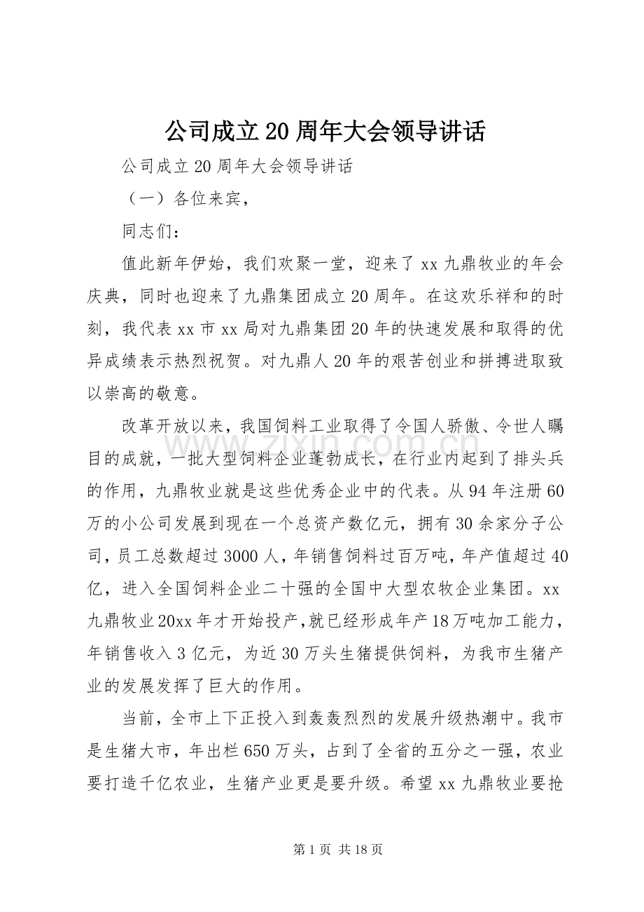 公司成立20周年大会领导讲话.docx_第1页