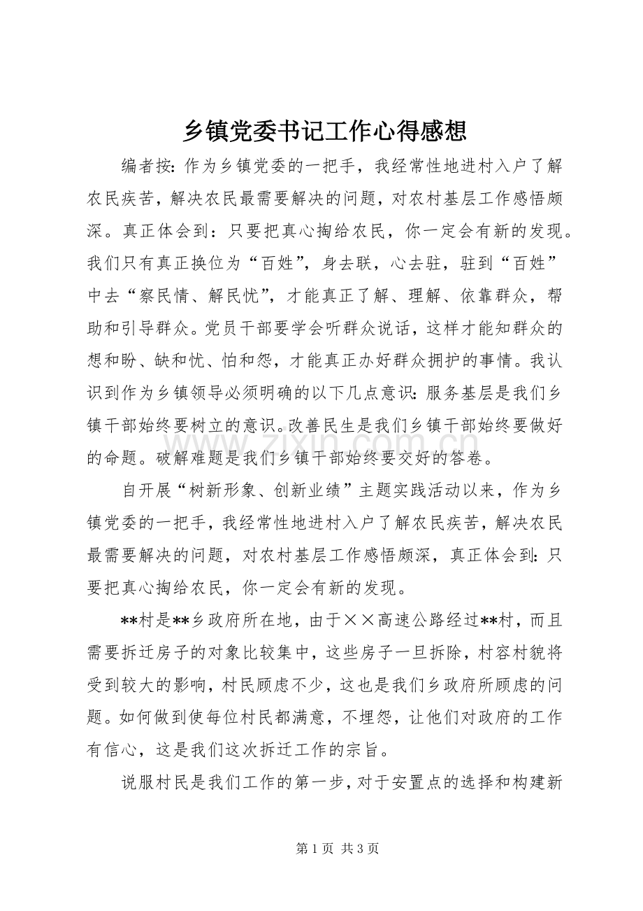 乡镇党委书记工作心得感想.docx_第1页