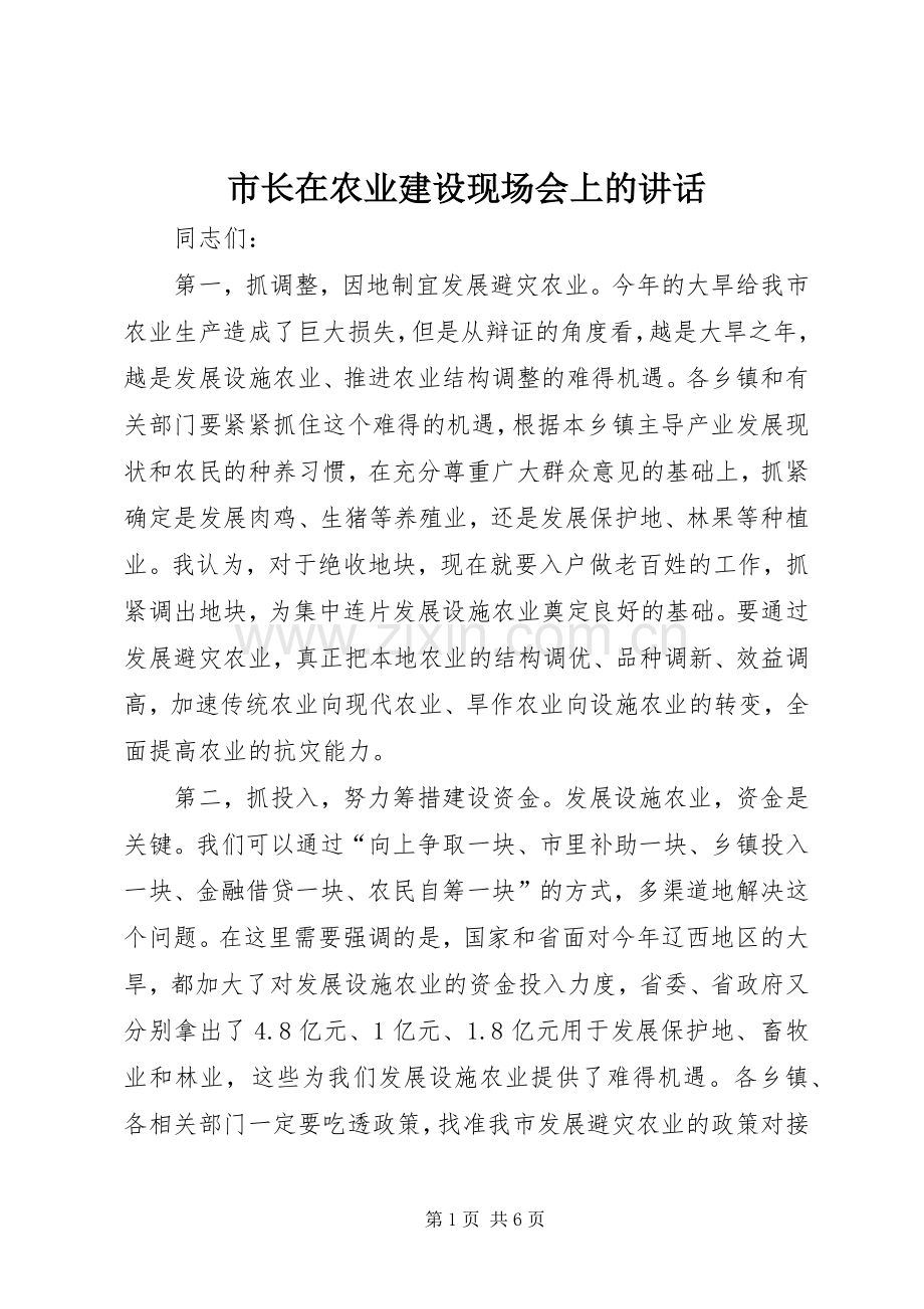 市长在农业建设现场会上的讲话.docx_第1页