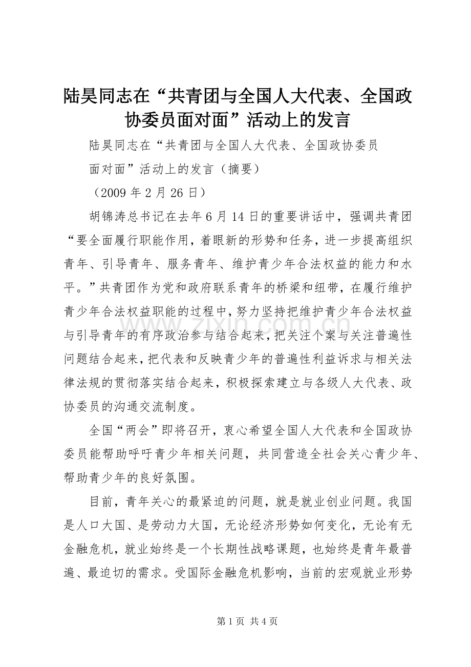 陆昊同志在“共青团与全国人大代表、全国政协委员面对面”活动上的发言.docx_第1页