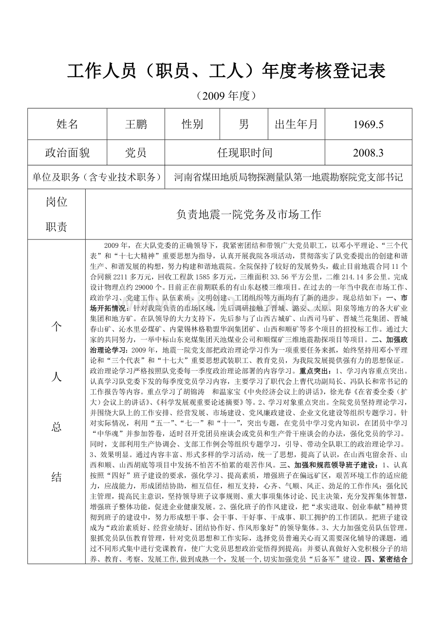 地质队技术人员及管理层年度考核表考核表(王).doc_第1页