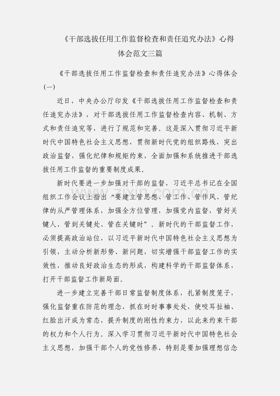 《干部选拔任用工作监督检查和责任追究办法》心得体会范文三篇.docx_第1页