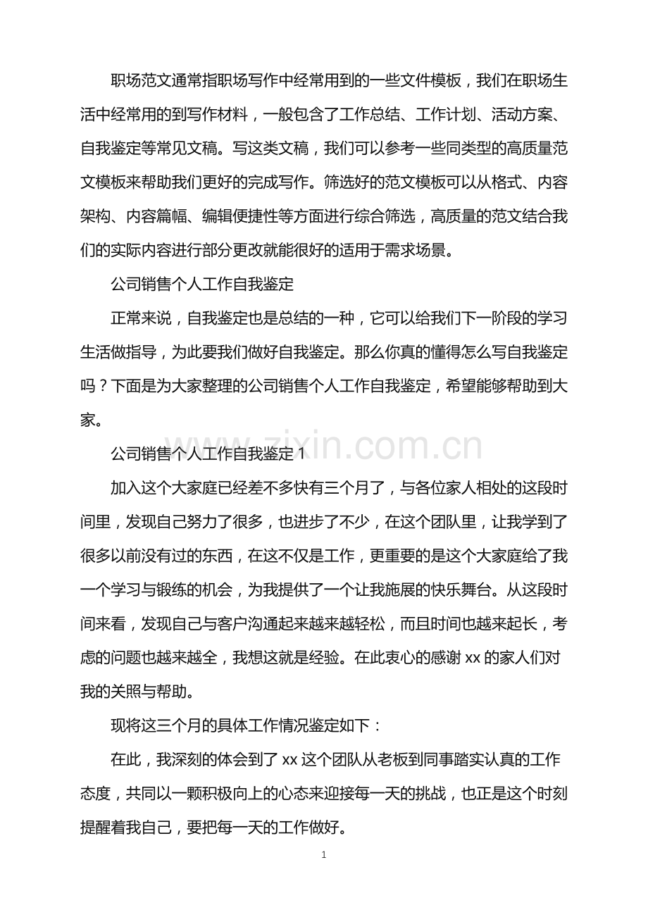 2022年公司销售个人工作自我鉴定.doc_第1页