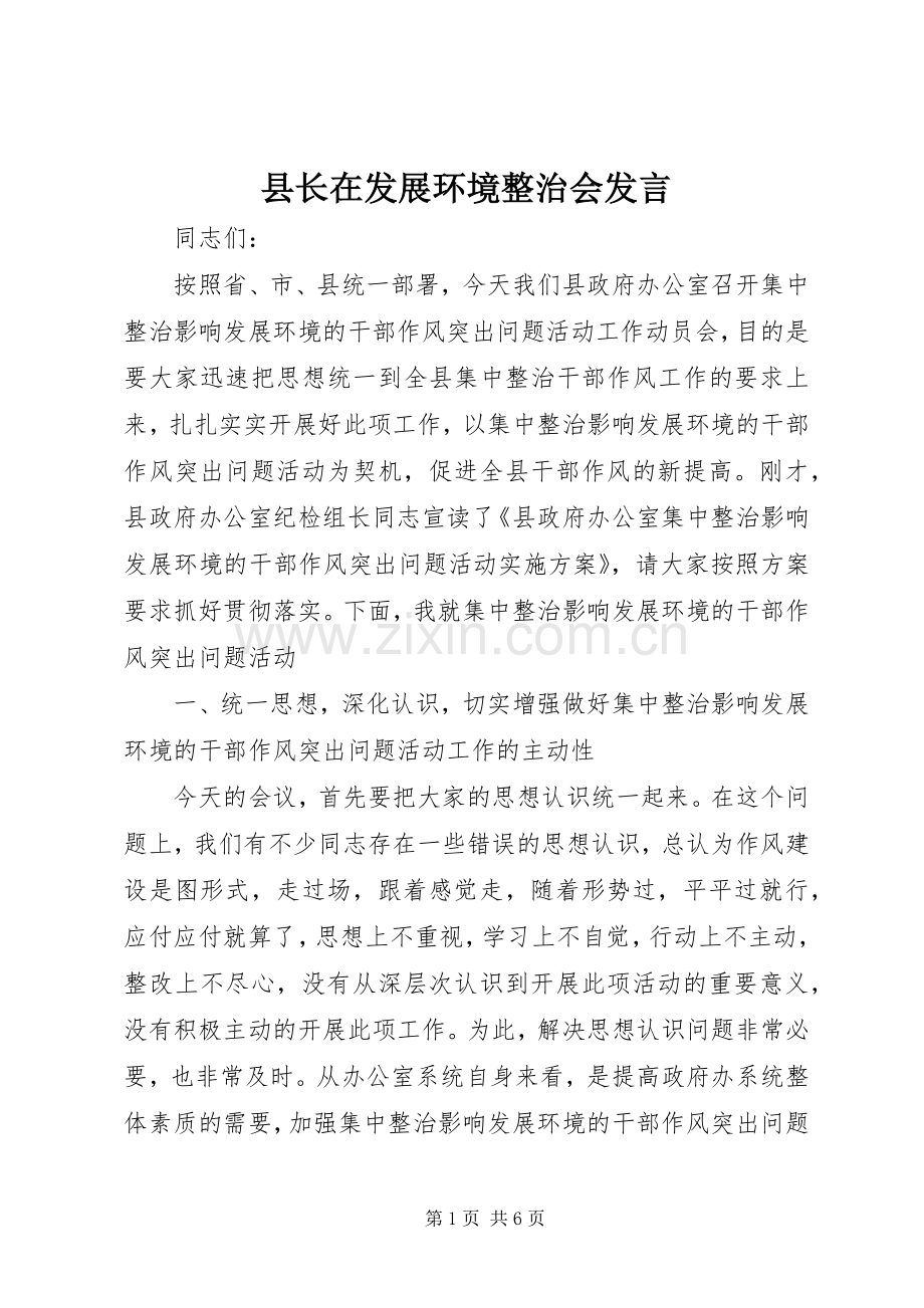 县长在发展环境整治会发言.docx_第1页