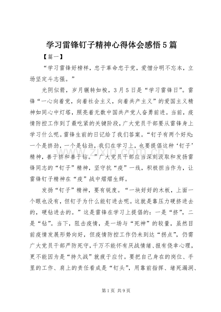 学习雷锋钉子精神心得体会感悟5篇.docx_第1页