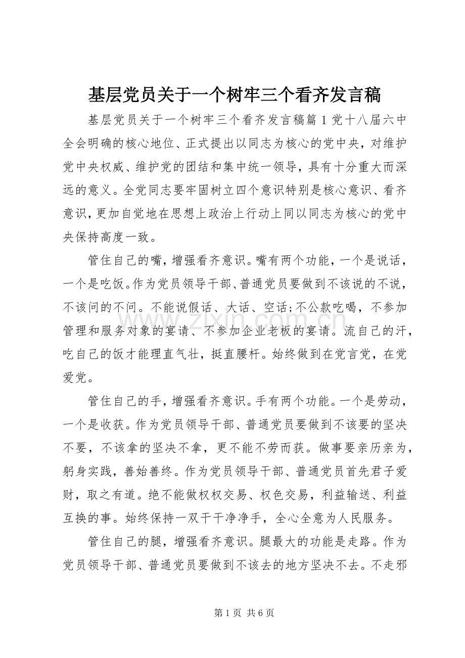 基层党员关于一个树牢三个看齐发言稿.docx_第1页