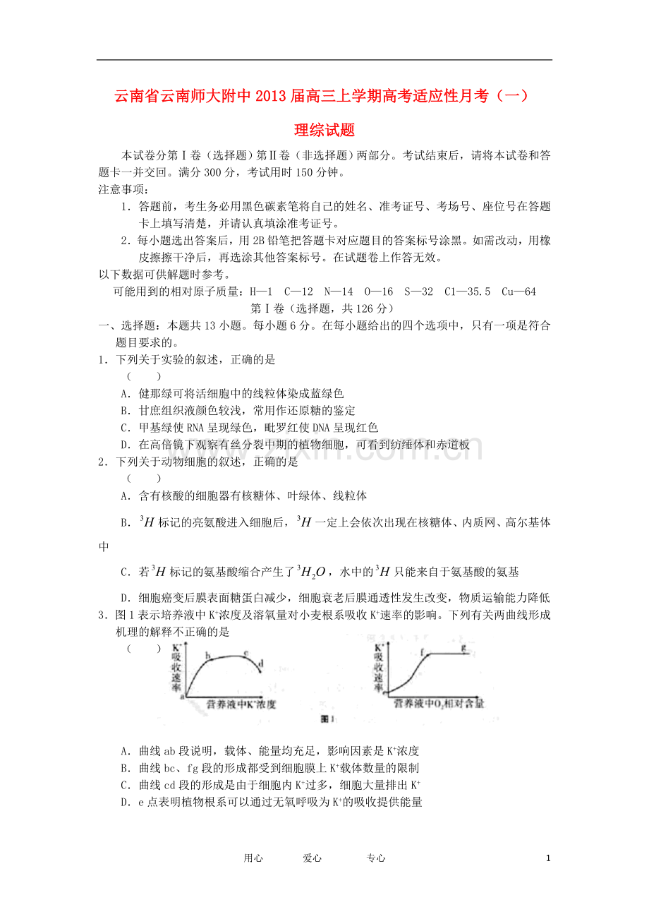 云南省师大附中高考理综适应性考试(一)试题.doc_第1页