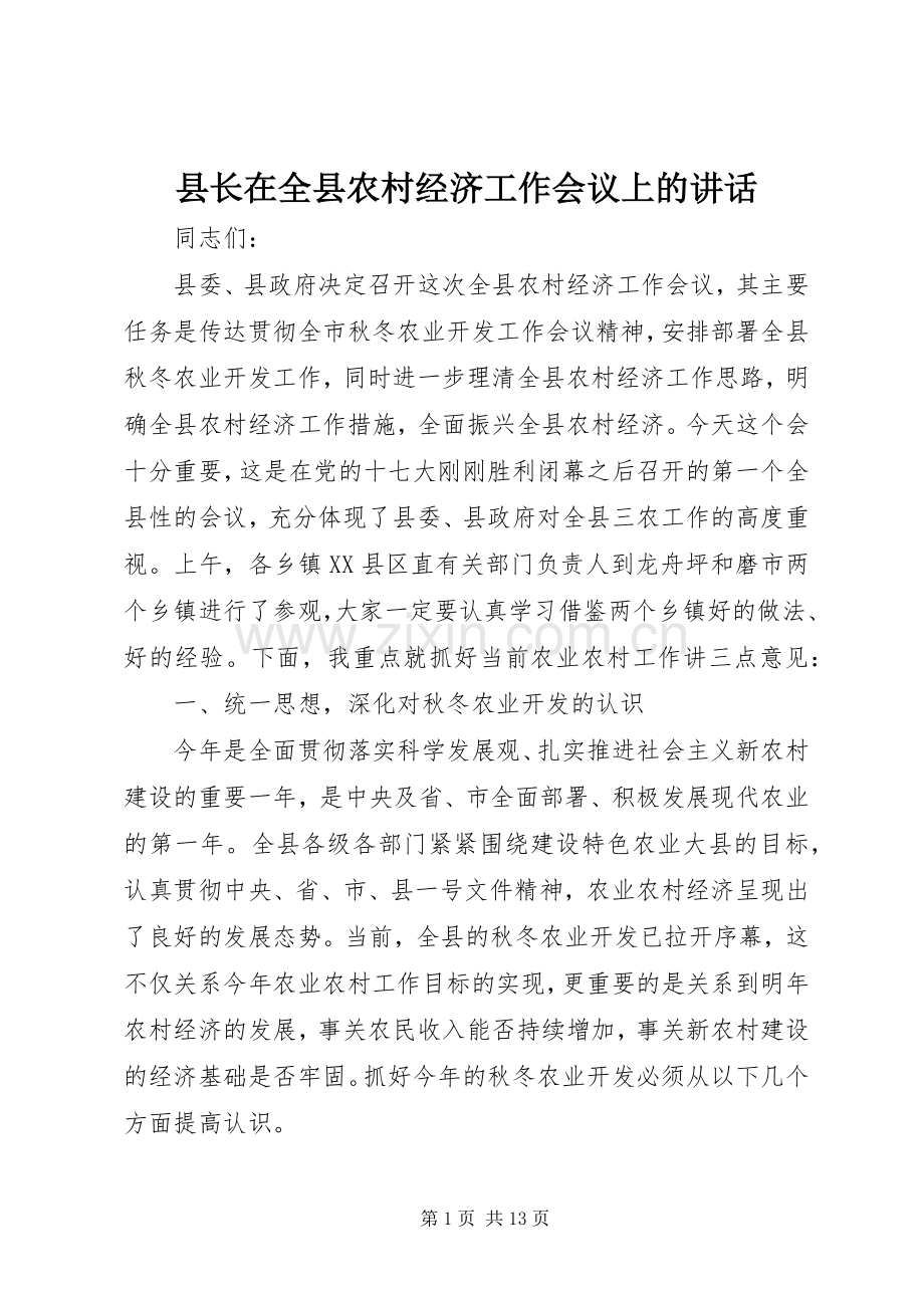 县长在全县农村经济工作会议上的讲话.docx_第1页