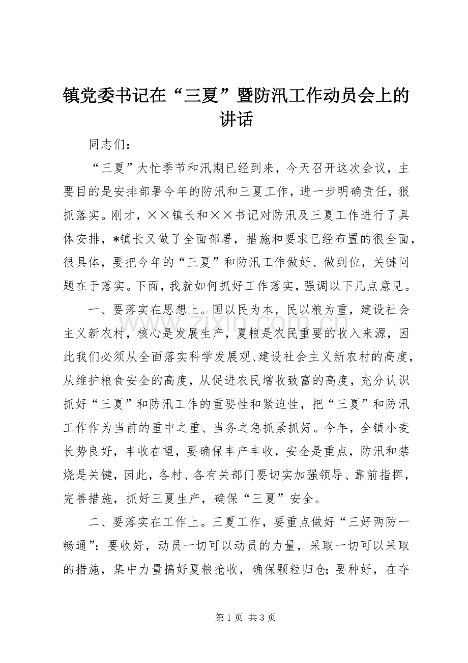 镇党委书记在“三夏”暨防汛工作动员会上的讲话.docx_第1页