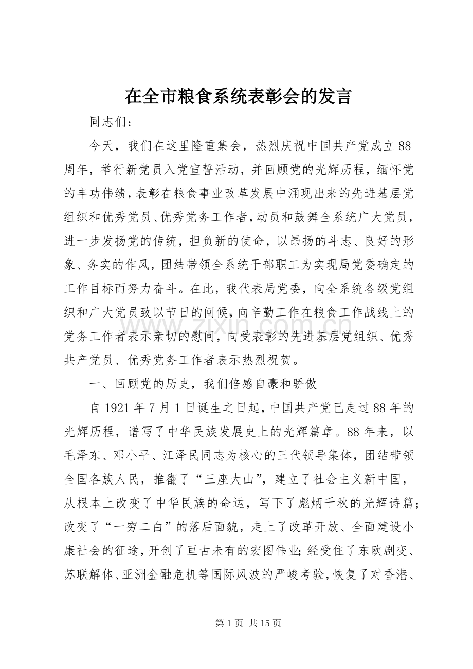 在全市粮食系统表彰会的发言.docx_第1页