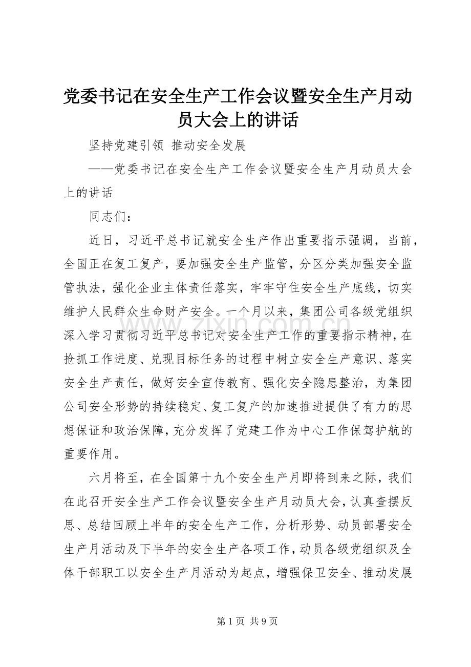 党委书记在安全生产工作会议暨安全生产月动员大会上的讲话.docx_第1页