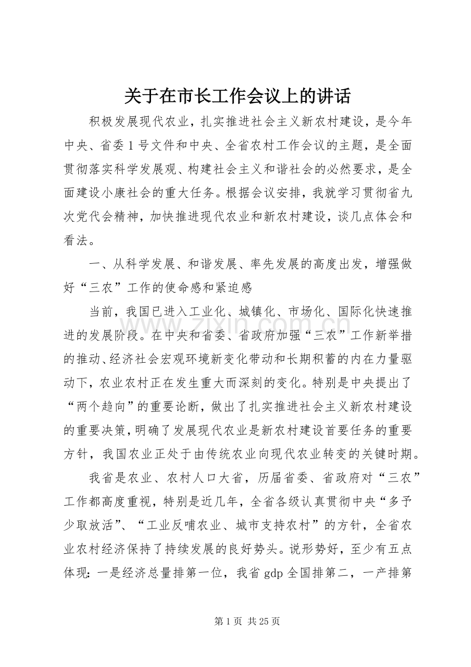 关于在市长工作会议上的讲话.docx_第1页