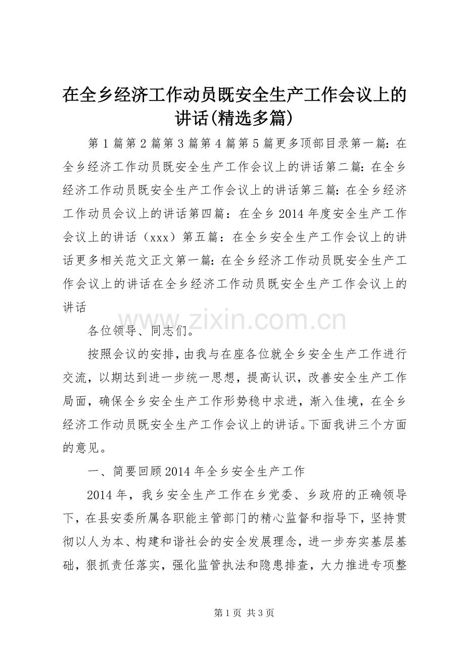 在全乡经济工作动员既安全生产工作会议上的讲话(多篇).docx_第1页