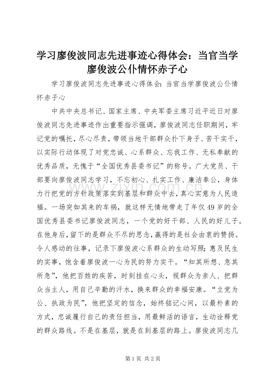 学习廖俊波同志先进事迹心得体会：当官当学廖俊波公仆情怀赤子心.docx_第1页