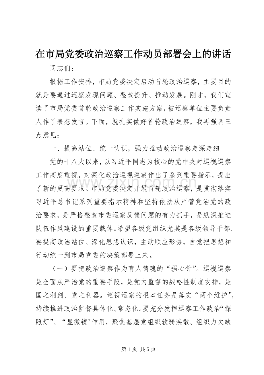 在市局党委政治巡察工作动员部署会上的讲话.docx_第1页