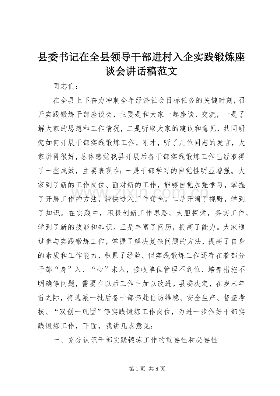 县委书记在全县领导干部进村入企实践锻炼座谈会讲话稿范文.docx_第1页