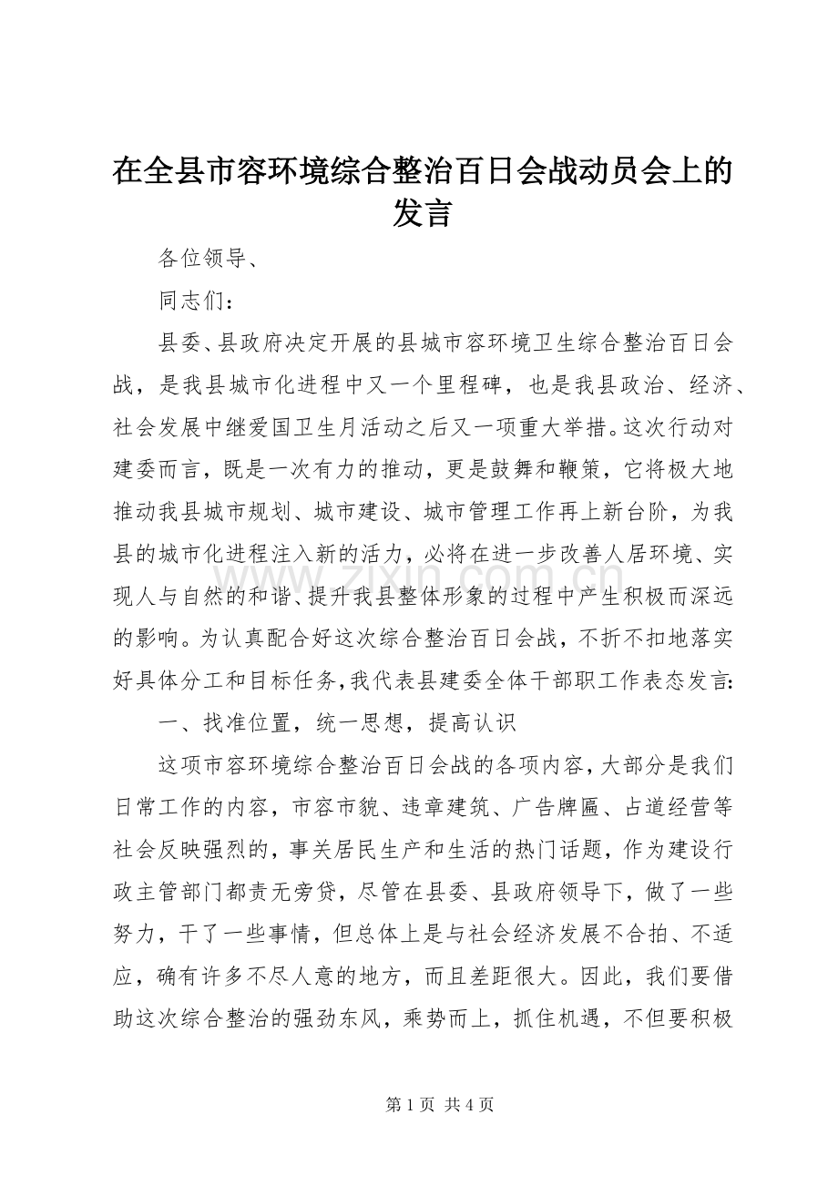 在全县市容环境综合整治百日会战动员会上的发言.docx_第1页