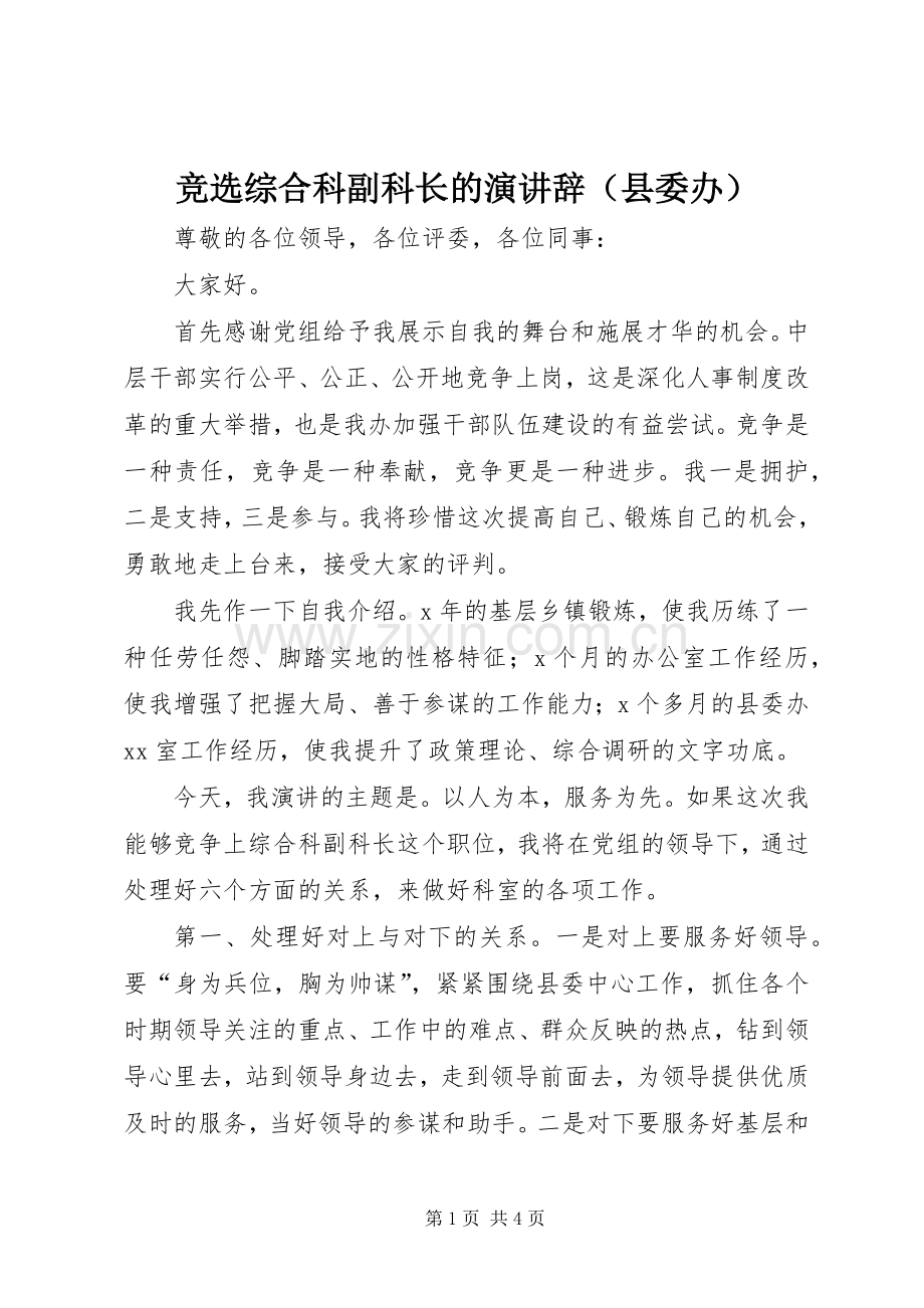 竞选综合科副科长的演讲辞（县委办）.docx_第1页