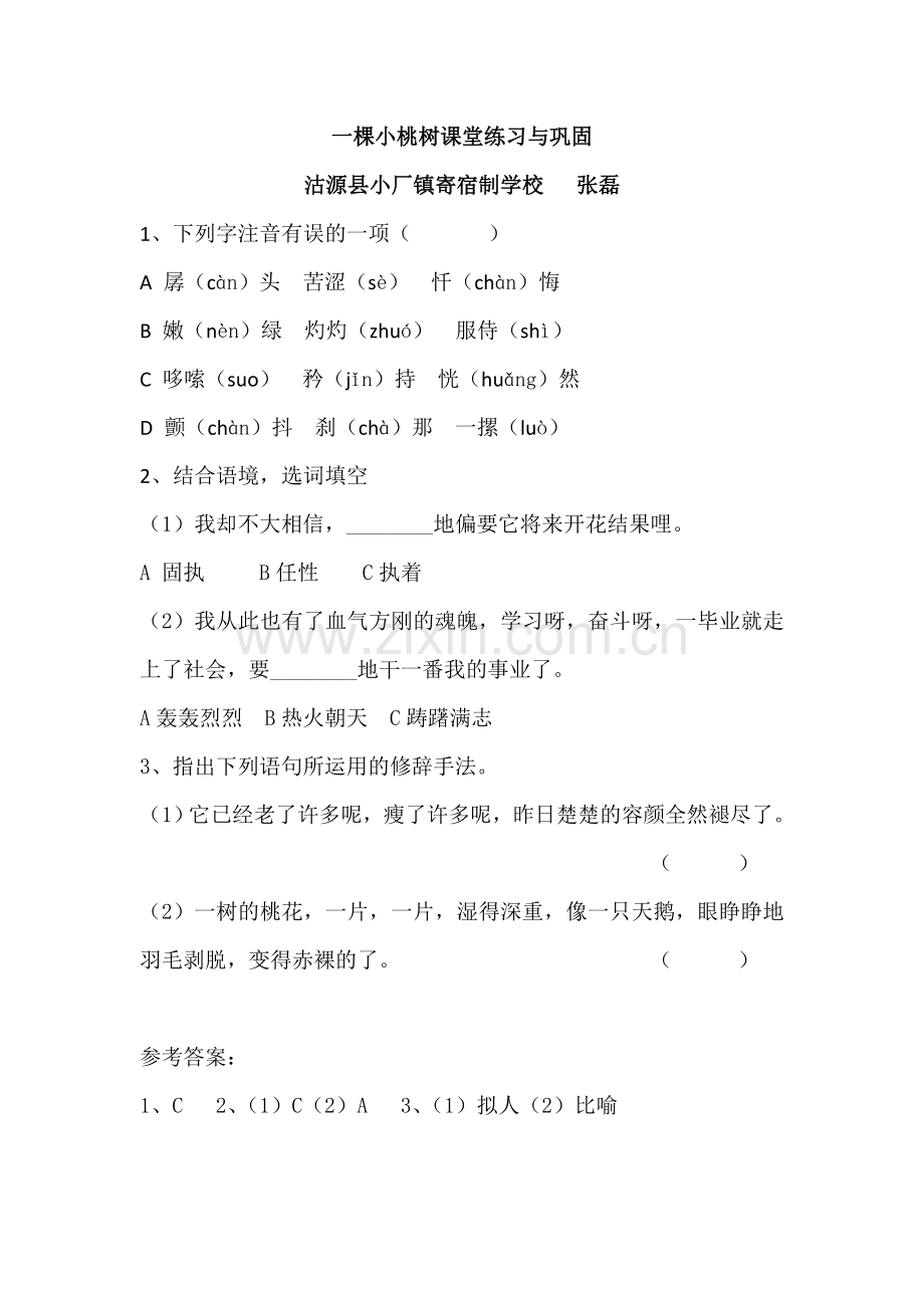 (部编)初中语文人教七年级下册一棵小桃树课堂练习题.doc_第1页