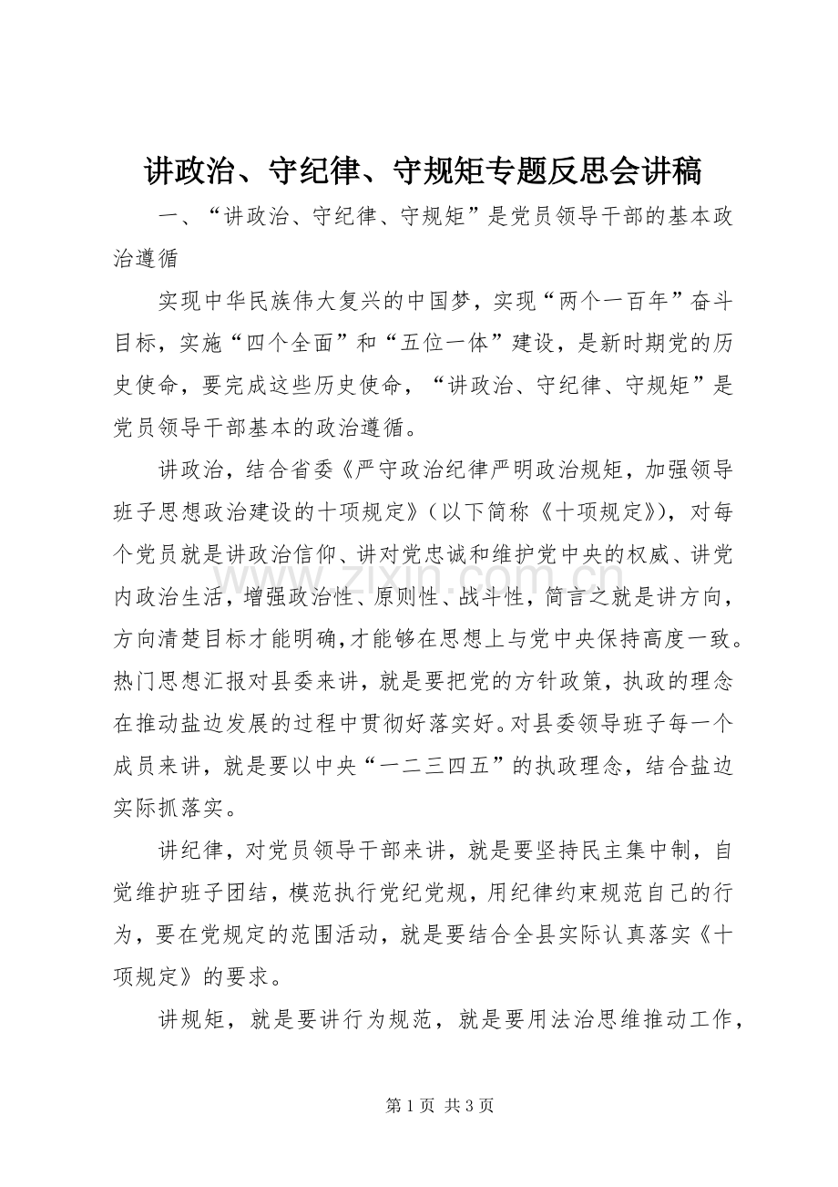 讲政治、守纪律、守规矩专题反思会讲稿.docx_第1页