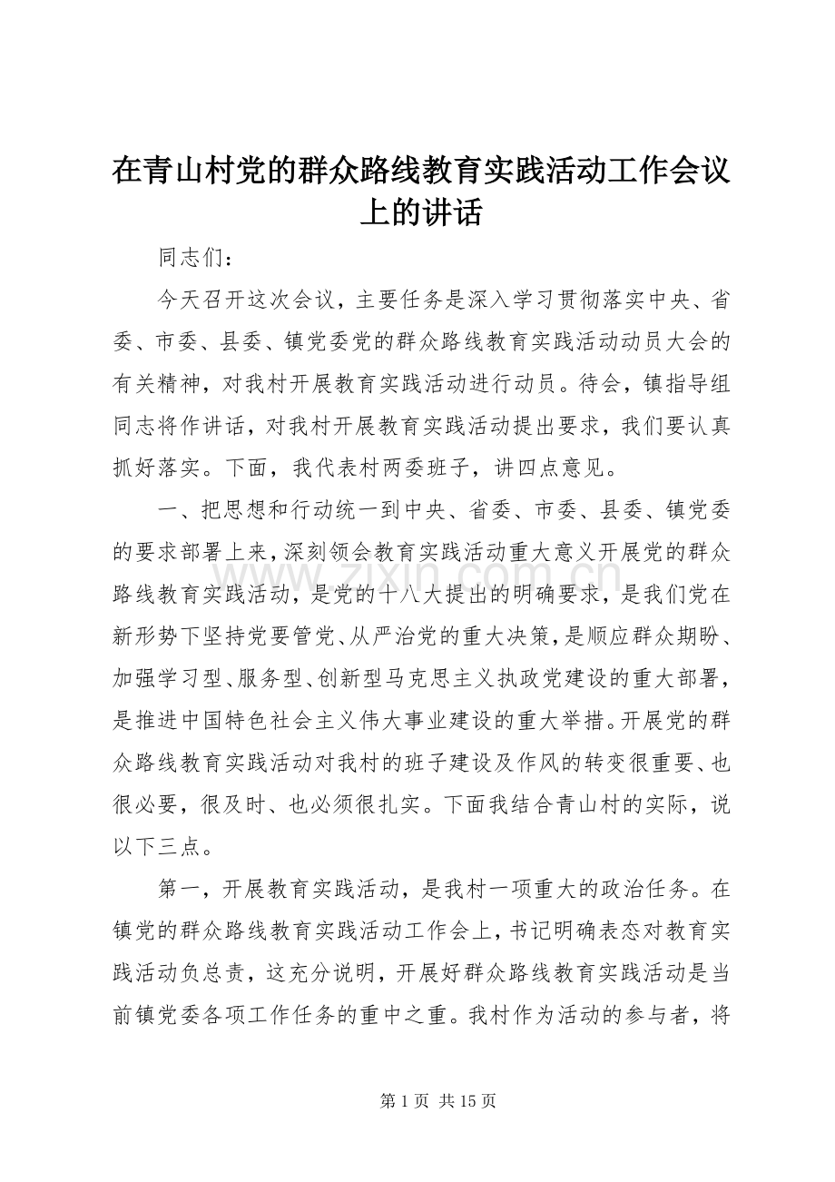 在青山村党的群众路线教育实践活动工作会议上的讲话.docx_第1页