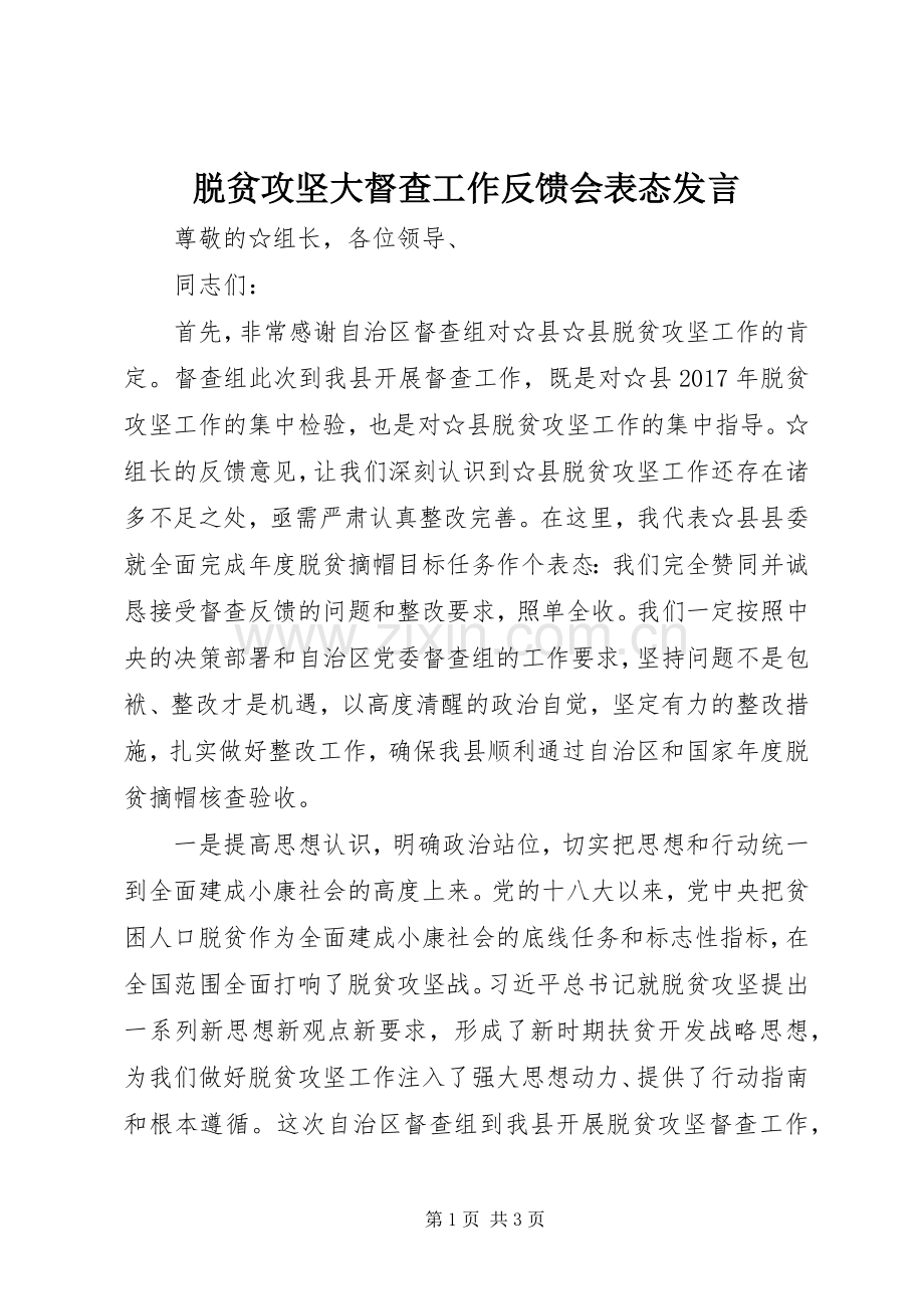 脱贫攻坚大督查工作反馈会表态发言.docx_第1页