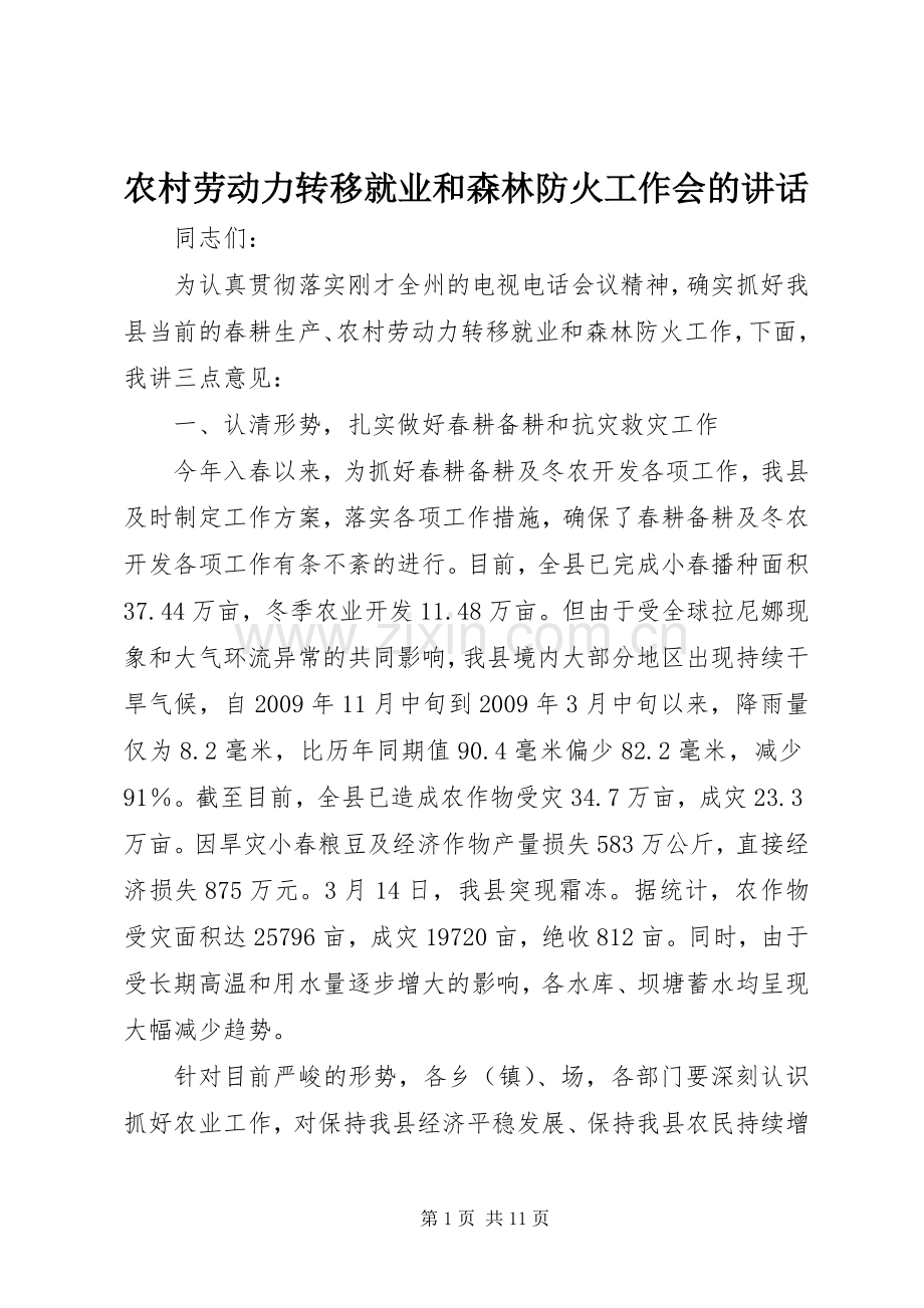 农村劳动力转移就业和森林防火工作会的讲话.docx_第1页