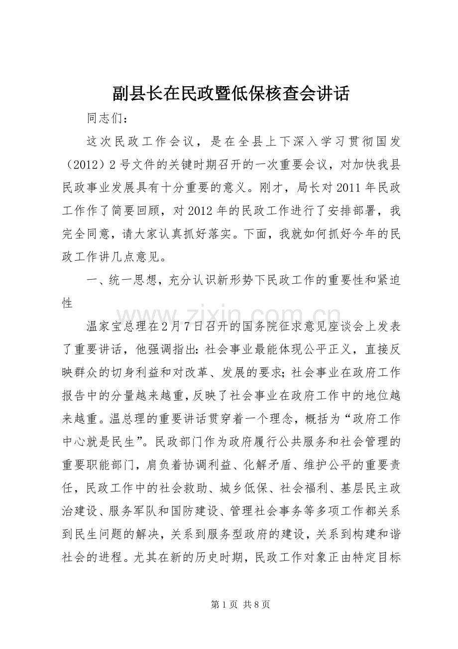 副县长在民政暨低保核查会讲话.docx_第1页