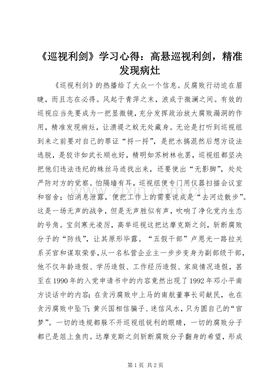 《巡视利剑》学习心得：高悬巡视利剑精准发现病灶.docx_第1页