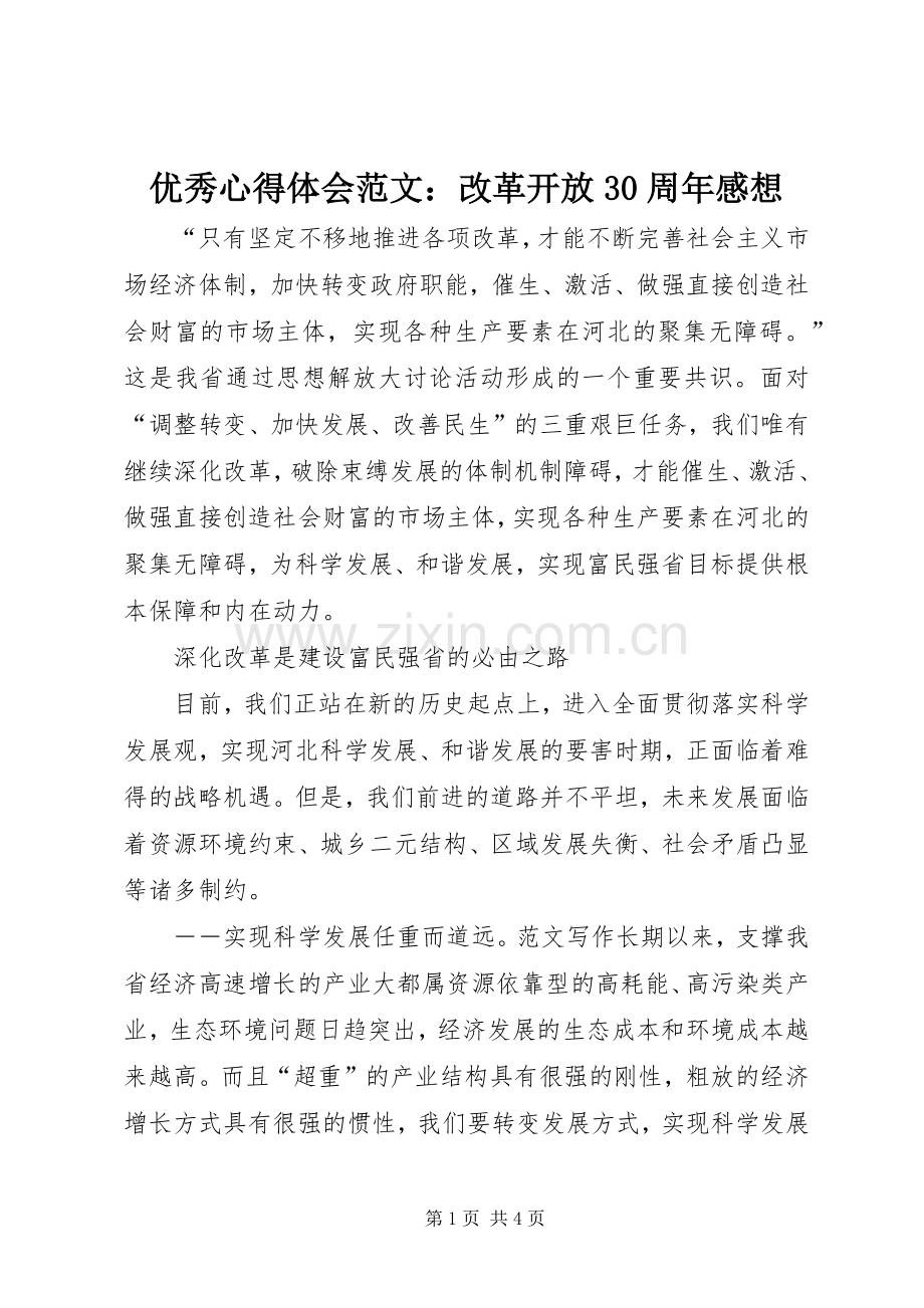 优秀心得体会范文：改革开放30周年感想.docx_第1页