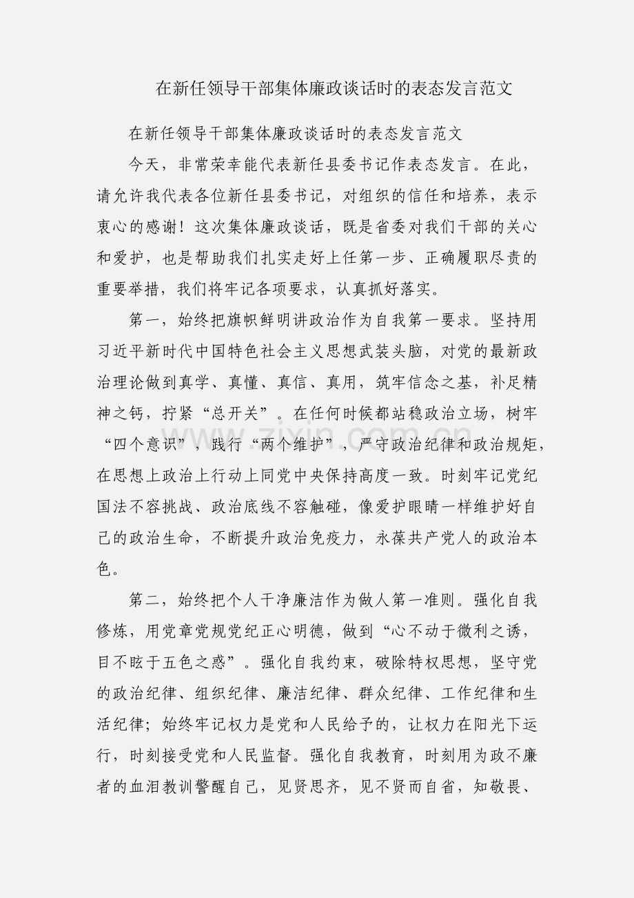 在新任领导干部集体廉政谈话时的表态发言范文.docx_第1页