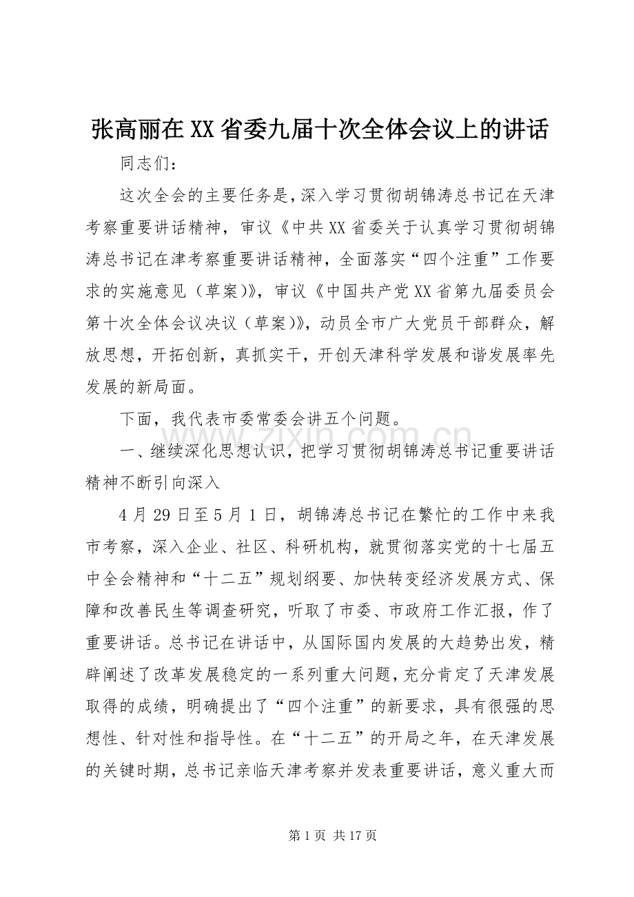 张高丽在XX省委九届十次全体会议上的讲话.docx_第1页