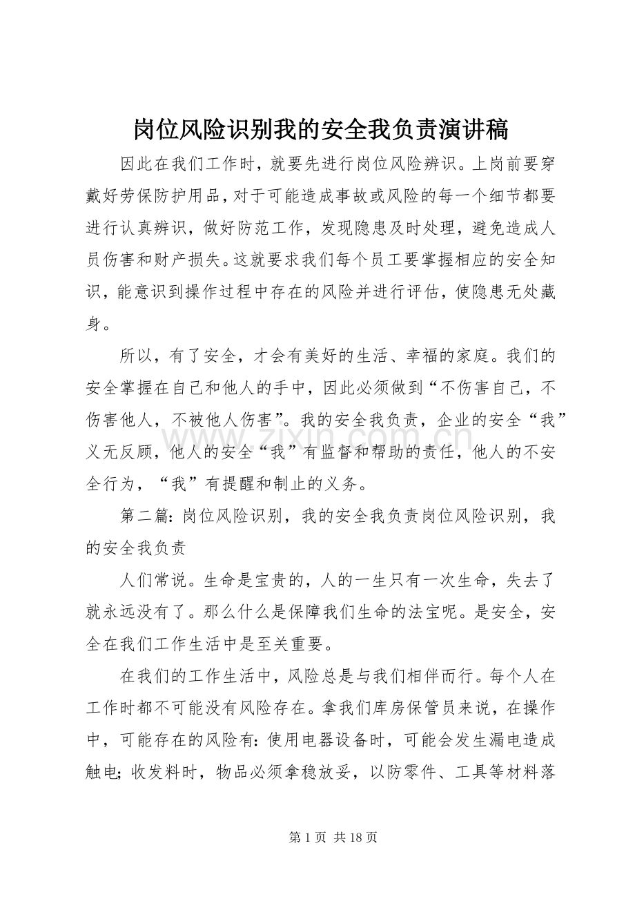 岗位风险识别我的安全我负责演讲稿.docx_第1页