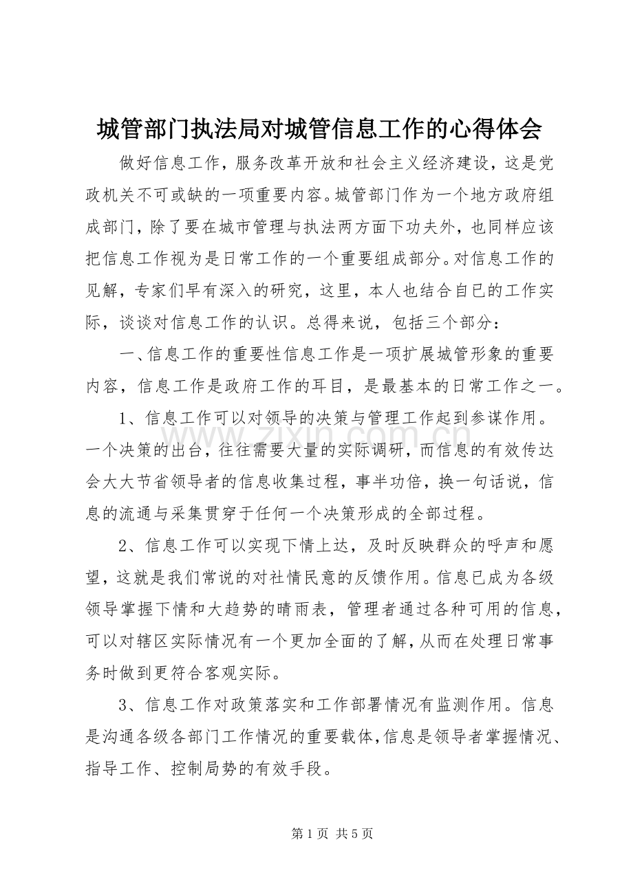 城管部门执法局对城管信息工作的心得体会.docx_第1页