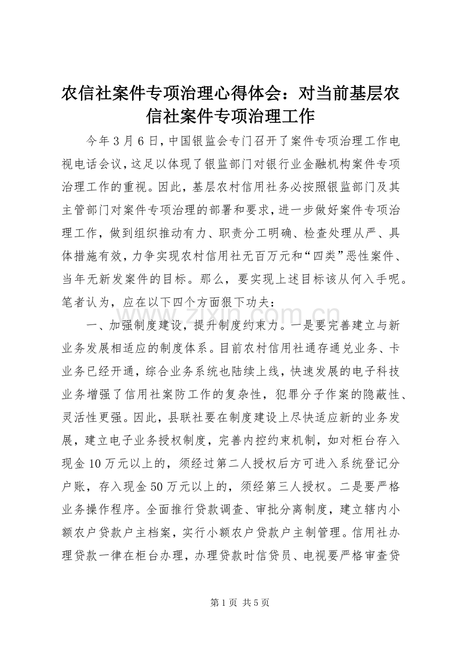 农信社案件专项治理心得体会：对当前基层农信社案件专项治理工作.docx_第1页