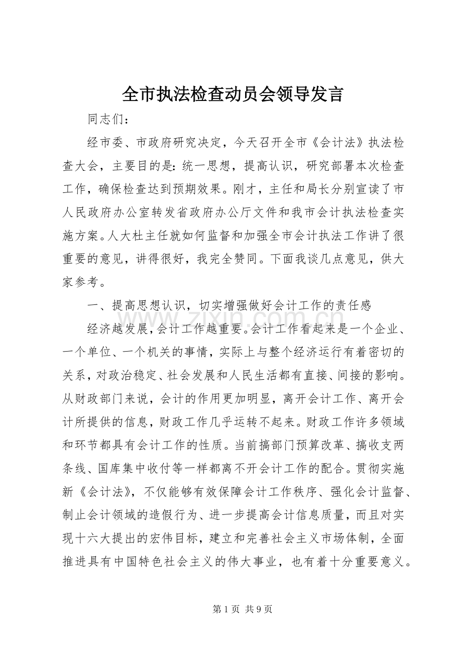 全市执法检查动员会领导发言.docx_第1页