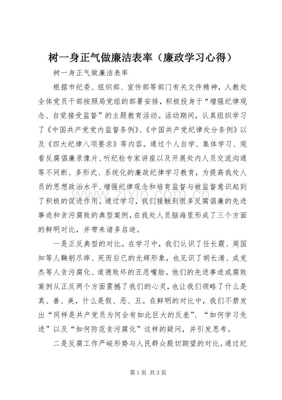 树一身正气做廉洁表率（廉政学习心得）.docx_第1页