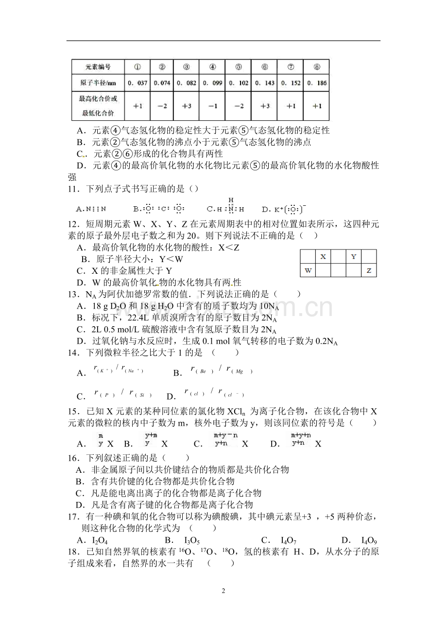 《物质结构--元素周期律》单元测试题.doc_第2页