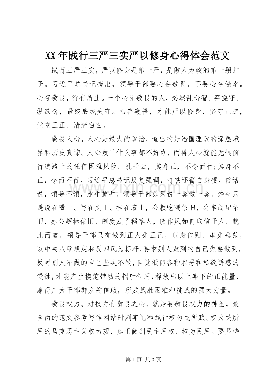 XX年践行三严三实严以修身心得体会范文.docx_第1页