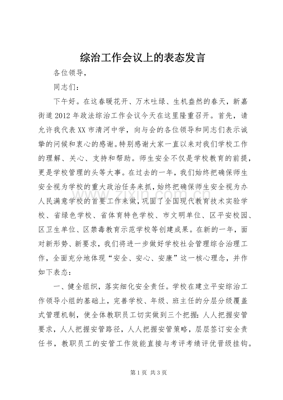 综治工作会议上的表态发言.docx_第1页