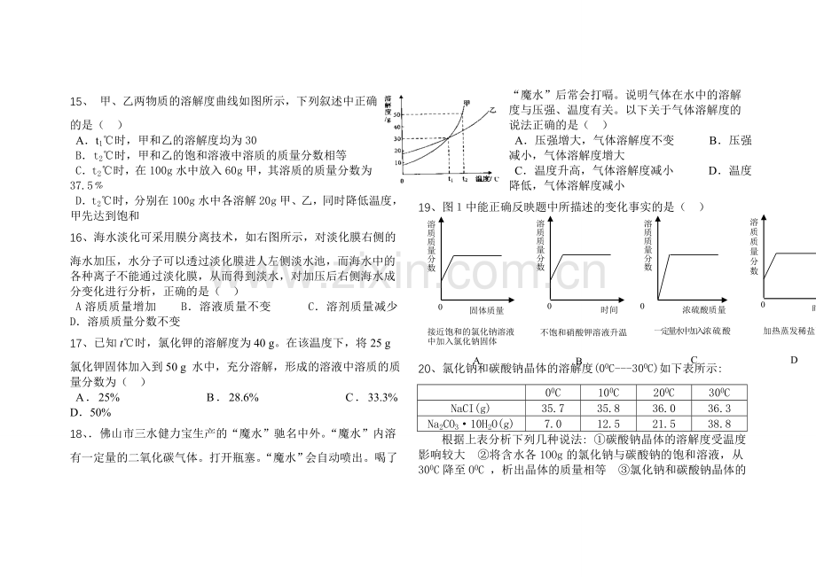 人教版初中化学第九单元溶液单元测试题及答案(一).doc_第3页