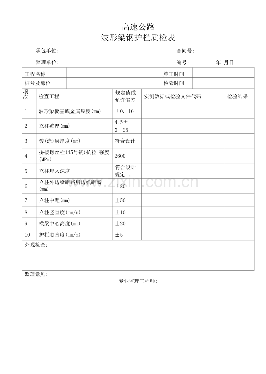 高速公路波形梁钢护栏质检表.docx_第1页