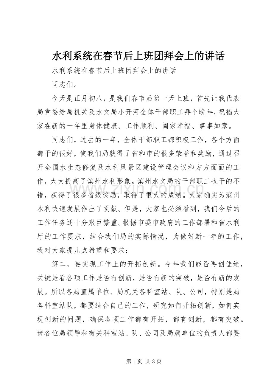 水利系统在春节后上班团拜会上的讲话.docx_第1页