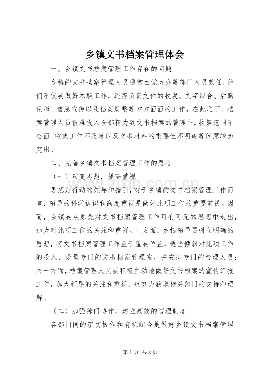 乡镇文书档案管理体会.docx_第1页