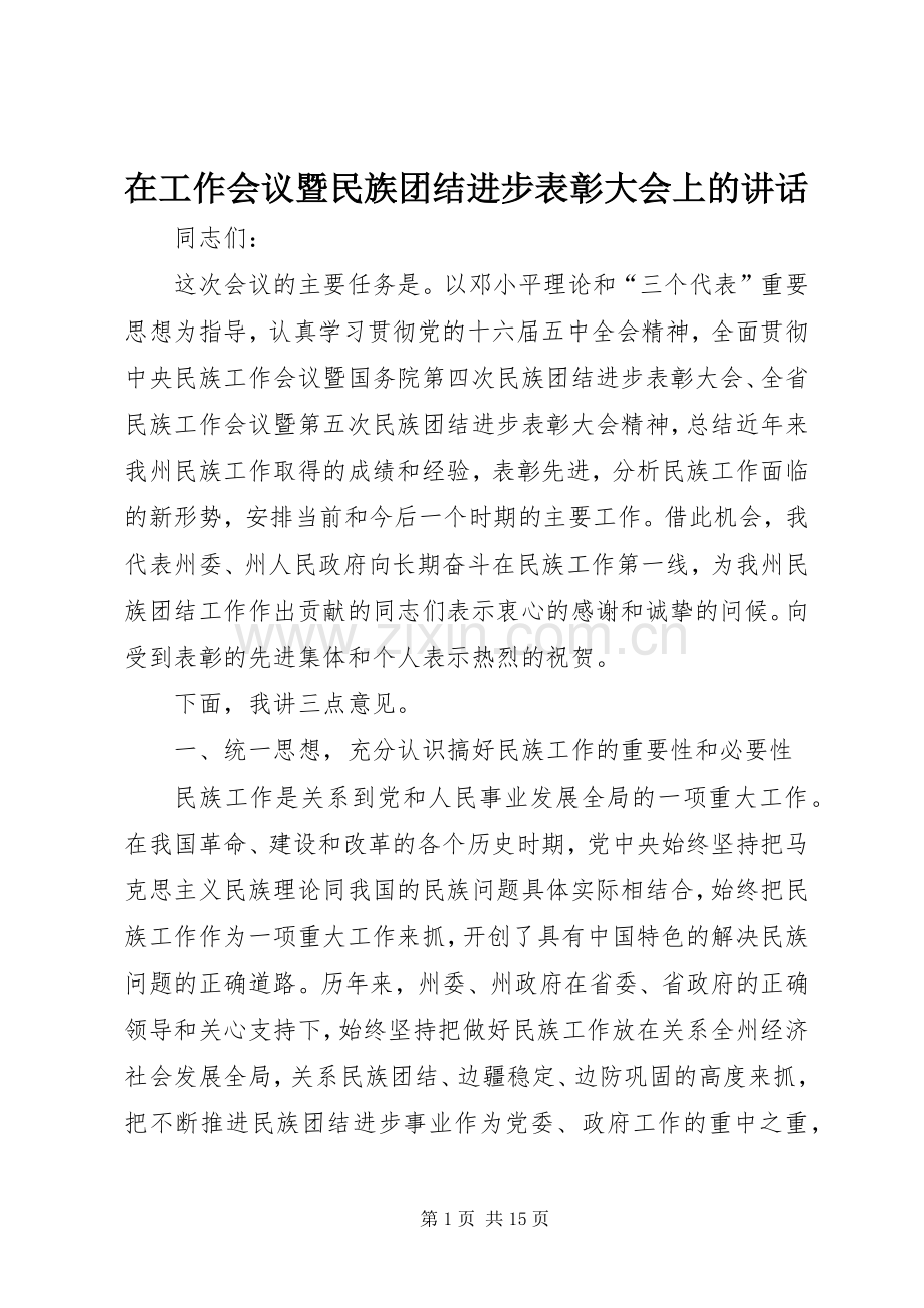 在工作会议暨民族团结进步表彰大会上的讲话.docx_第1页