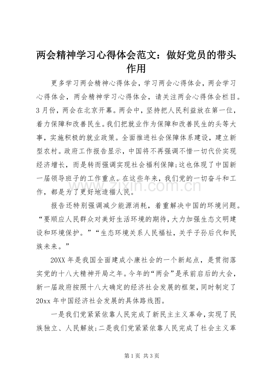 两会精神学习心得体会范文：做好党员的带头作用.docx_第1页