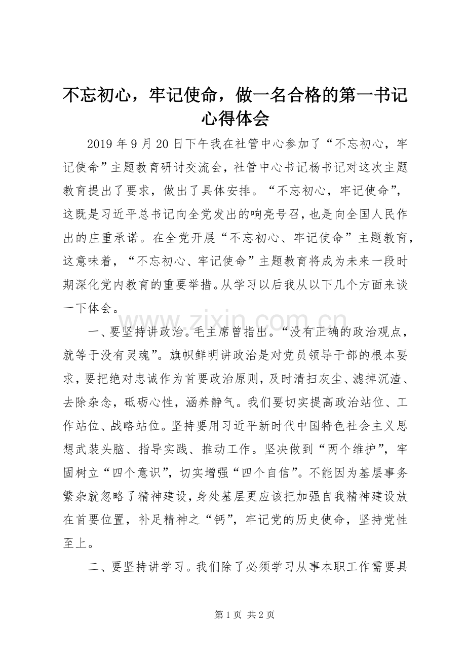 不忘初心牢记使命做一名合格的第一书记心得体会.docx_第1页